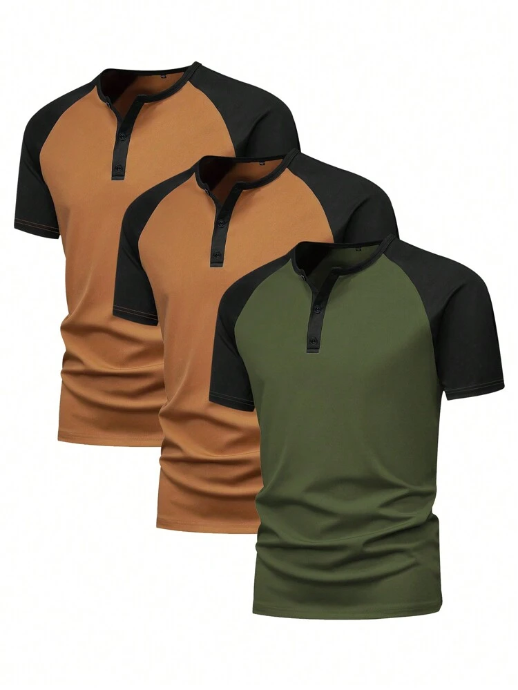 Men Summer Color Block Button Half Placket Round Neck Short Sleeve Casual T-Shirt