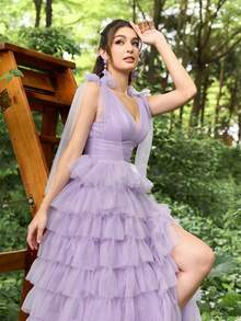 Faeriesty Váy dạ hội cổ chữ V sâu có lưới viền bánh dành cho nữ - Màu Lilac Tím - Xem 4