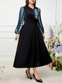 Modelyn Plus Size Women's Stylish Printed Long Sleeve Patchwork Dress