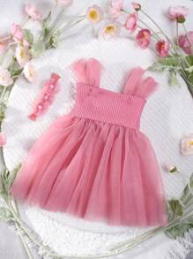 SHEIN Baby Girl 2pcs Pearls Headband And Net Yarn Knitted Dress Photography Props Costume Set - Pink - View 7