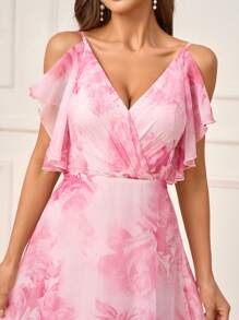 SHEIN Belle Women's Pink Elegant Spring Wedding Formal Bridesmaid Dress, Large Flower Print Ultra-Soft Gauze,Pleated V-Neck Asymmetrical Ruffle Sleeves - Pink - View 2