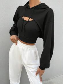 Cottnline Solid Crop Drawstring Hoodie & Cami Top - Black - View 7