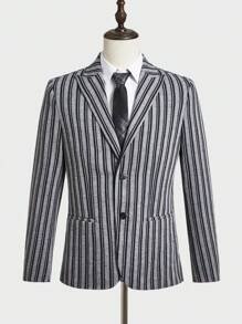 Manfinity VCAY Men's Woven Striped Long Sleeve Slim Fit Business Casual Suit Jacket, Suitable For Office And Spring/Fall Season - Multicolor - View 2