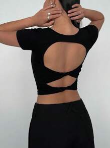 INAWLY Áo thun ngắn tay hở lưng mùa hè cơ bản màu đen dành cho nữ - màu đen - Xem 5