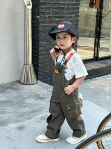 SHEIN Mirajuku 年輕男孩鬆身背帶褲，具對比肩帶和實用口袋