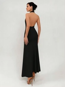 Aloruh Elegant And Sexy Deep V-Neck Backless Concert Dress For Date Night, Spring/Summer Floral Long Dress With 3D Flower Design - Black - View 2