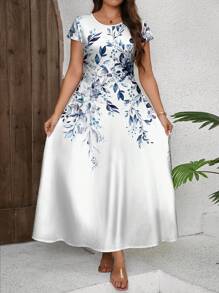 SHEIN Clasi Váy ngắn tay in hoa cỡ lớn có đường viền cổ tròn, mùa hè - trắng - Xem 1