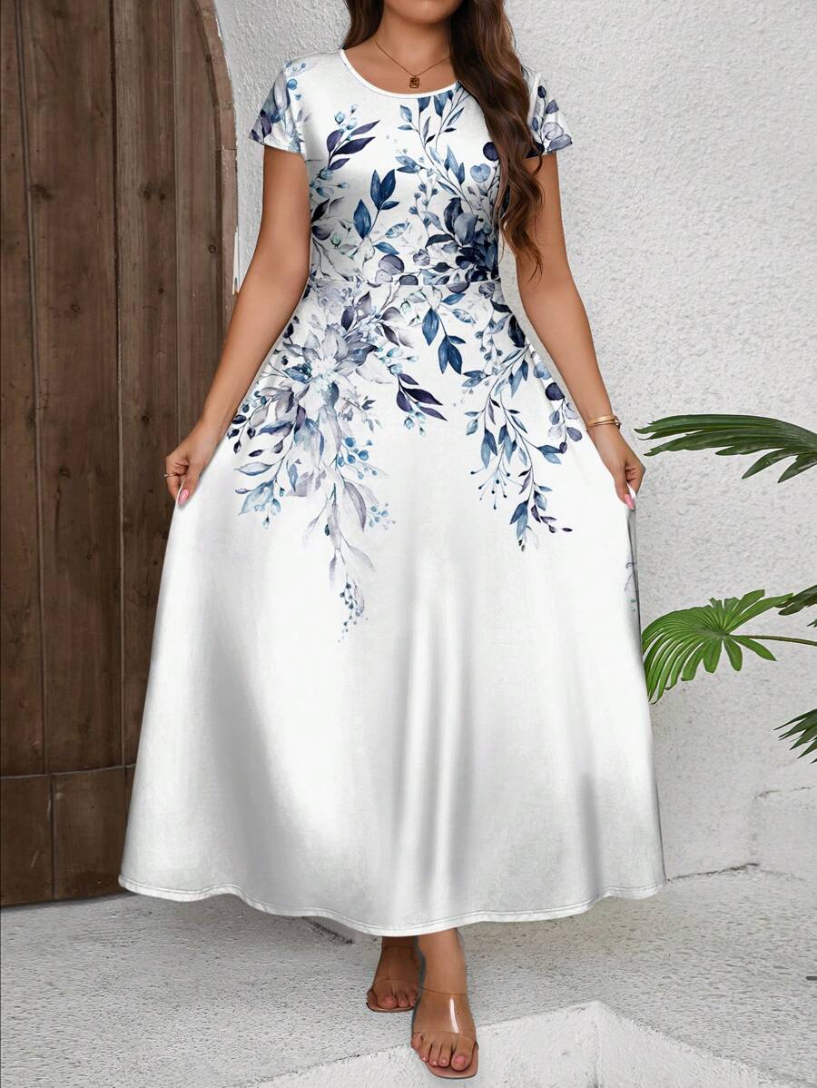 SHEIN Clasi Váy ngắn tay in hoa cỡ lớn có đường viền cổ tròn, mùa hè - trắng - Xem 1