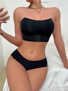 2pcs Summer Clear Straps Strapless Front Closure Push-Up Adhesive Invisible Bra Set - Black - View 5