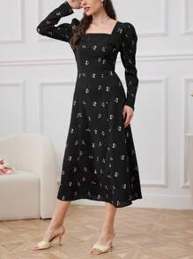 Modelyn Ladies' Floral Printed Long Sleeve Square Neck Modest Dress - Black - View 8
