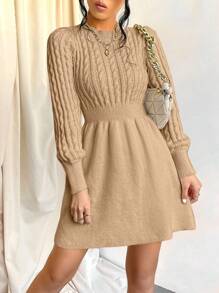 EURMUSE Women's Round Neck Long Sleeve Knitted Sweater Dress - Apricot - View 3