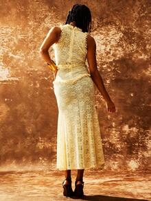 Bowknot Decorated Sleeveless Lace Dress With High Side Split, Perfect For Cocktail Party - Apricot - View 2