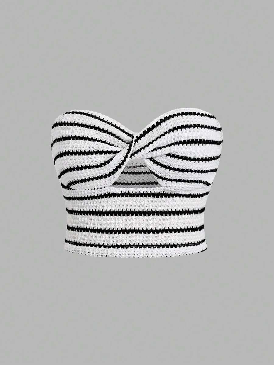 Sweetra Áo kiểu nữ mùa hè kẻ sọc, khoét rỗng, thắt nút xoắn, kiểu dáng Y2K - Nhiều màu - Xem 1