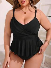 SHEIN Swim Curve Plus Size Summer Beach Solid Color Ruffled Hem Cami Tank Top And Triangle Briefs Vacation Tankini Swimwear Set