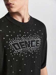 Manfinity EMRG Men's Short Sleeve Knitted Top With Simple Design And Rhinestone Decoration For Daily Wear