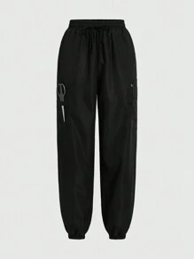 TaskEZ Solid Color Multi-Pocket Elastic Hem  Uniform Scrub Pants - Black - View 6
