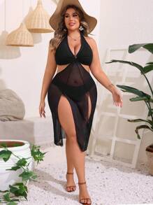 SHEIN Swim Curve 大尺碼夏季海灘純色透明網紗分割泳裝裙 - 黑色 - 查看 1