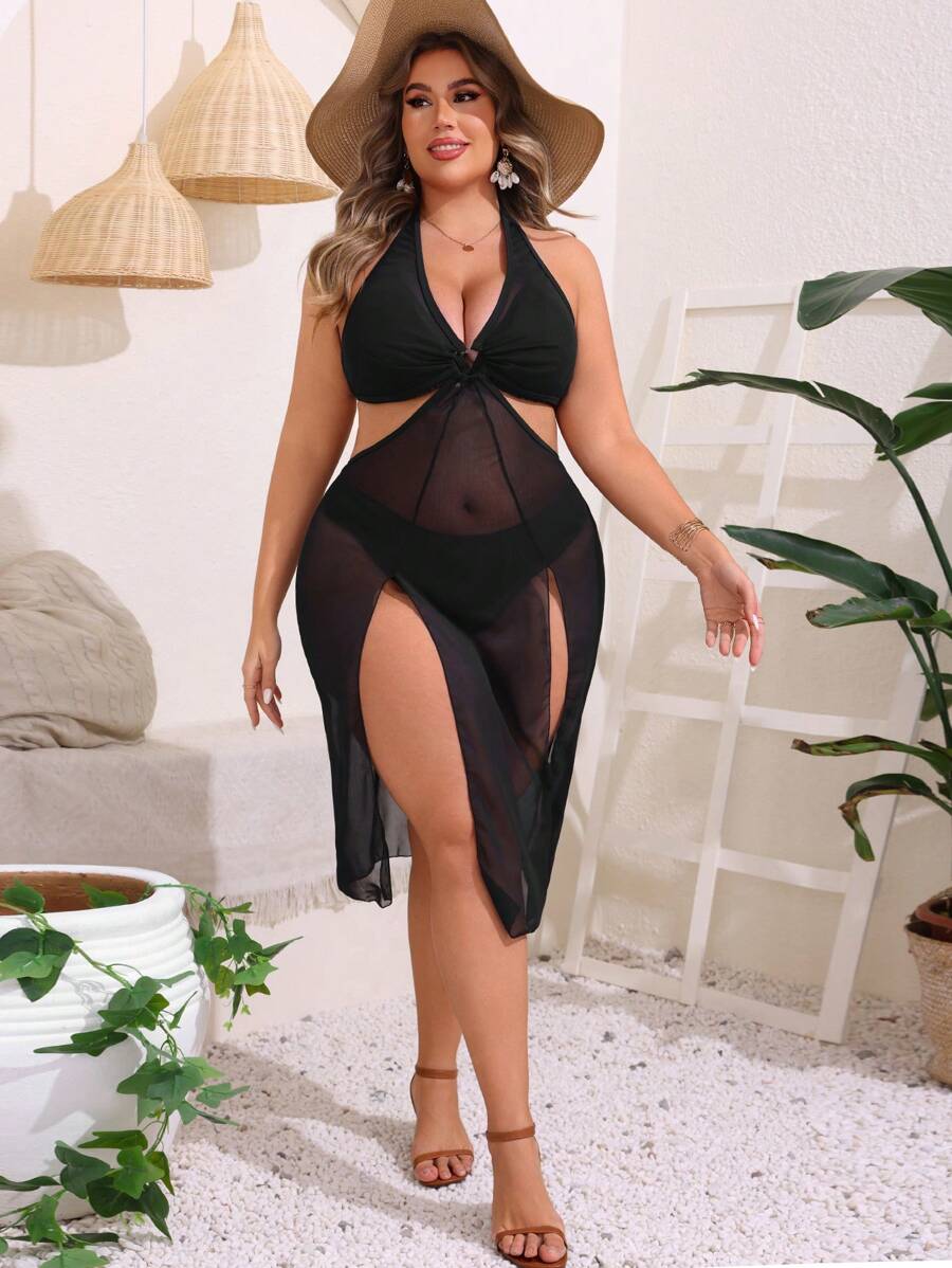 SHEIN Swim Curve 大尺碼夏季海灘純色透明網紗分割泳裝裙 - 黑色 - 查看 1