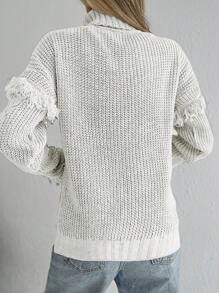 SHEIN Cottnline Turtleneck Drop Shoulder Fringe Trim Cable Knit Jumper - White - View 2