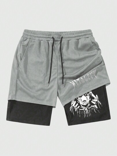 Men's Gothic Printed Breathable Shorts, 2 In 1, Suitable For Daily Wear In Spring And Summer