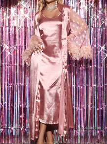 Love Jacquard Feather Wide Sleeve Imitation Silk Robe And Cami Dress Two-Piece Set - Pink - View 1
