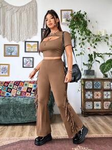 Flirla Plus Size Áo dệt kim tay ngắn khoét rỗng và quần dài tua rua 2 cái/bộ - màu nâu - Xem 4