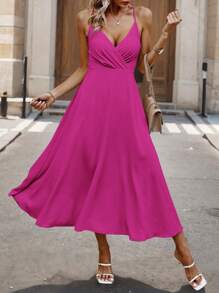 SHEIN Clasi Trang phục thường ngày ngày lễ hở lưng đan chéo mùa hè dành cho nữ - Màu Hồng Tươi - Xem 2