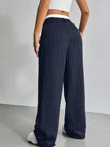 SHEIN EZwear Geplooide, gestreepte damespantalon met wijde pijpen en kleurbloktailleband