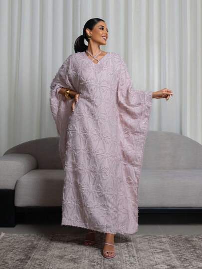 Al Najma 女士纯色纹理交叉领蝙蝠袖土耳其长款朴素卡夫坦阿拉伯连衣裙