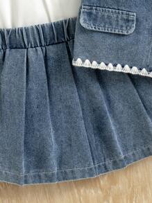 3pcs Fashionable Baby Girls' Puff Sleeve Shirt And Embroidered Denim Top, Simple Denim Pleated Skirt - Navy Blue - View 6