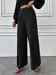 EURMUSE Side Detailed Wide Legs Pant - Black - View 3