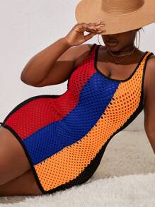 Maweii 大尺碼女士對比色中空毛衣連衣裙，適用於日常穿著 - 橘色 - 查看 5