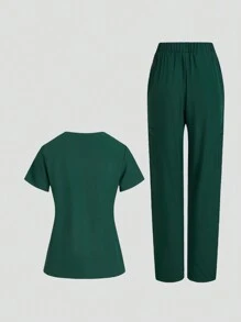 TaskEZ 純色V領短袖上衣和褲子護理制服套裝 - 綠色 - 查看 2