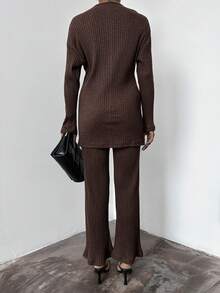 SHEIN Cottnline Ladies' Solid Color Round Neck Long Sleeve T-Shirt And Trousers Two-Piece Set - Brown - View 6