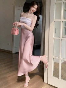 DAZY 女士简约纯色休闲通勤中长裙 - 粉色 - 查看 2