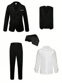 SHEIN 青少年男孩 4 件套绅士服装套装：长袖白衬衫、翻领西装外套、翻领背心和黑色长裤 - 适合生日派对、晚会、婚礼 - 彩色 - 查看 1