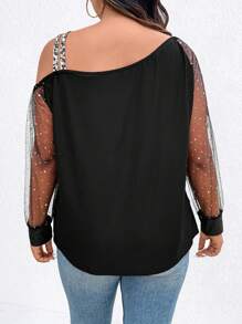 SHEIN Clasi Plus Size Women Summer Printed Mesh Contrast Asymmetric Collar Elegant Top With Long Sleeves