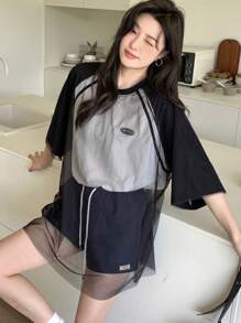 DAZY Women Loose Fit Patchwork Casual Spring/Summer T-Shirt Oversized T-Shirt - Black and White - View 4