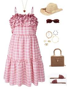 SHEIN Vestido de tirantes a cuadros con múltiples capas de volantes en el dobladillo para adolescente en vacaciones de verano - Multicolor - Ver 1