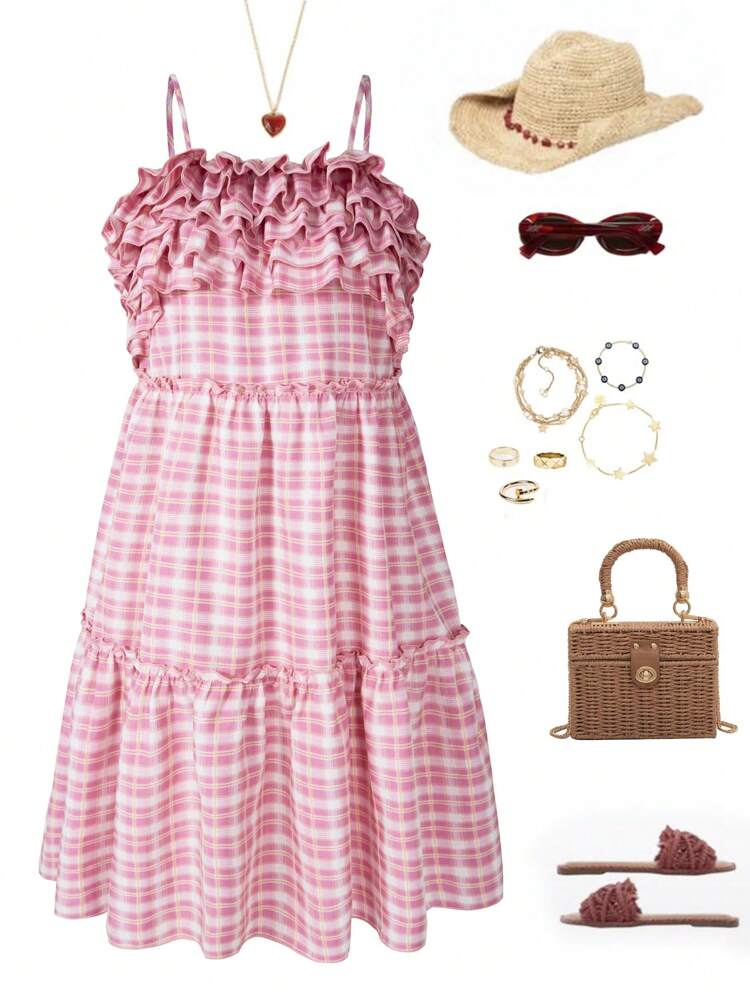 Teen Girl Summer Holiday Plaid Multi-Layer Ruffle Hem Cami Dress