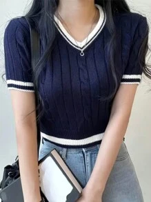 INAWLY Plus Size Color Block Short Sleeve Knit Top For Casual Summer