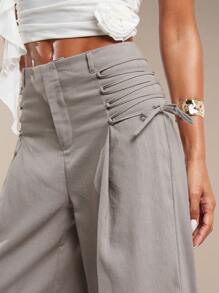 SHEIN BAE 秋季服裝卡其色高街休閒外出綜合十字腰高腰寬腿褲亞麻褲 - 灰色 - 查看 6