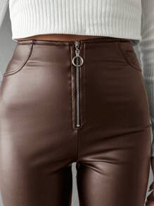 SHEIN Cottnline Women's Zipper Fly Open Front Skinny Pants - Brown - View 5