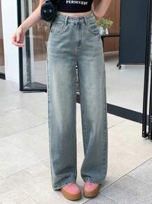 DAZY Pantalones de mezclilla rectos para mujer con bolsillos, jeans casuales - Azul - Ver 1