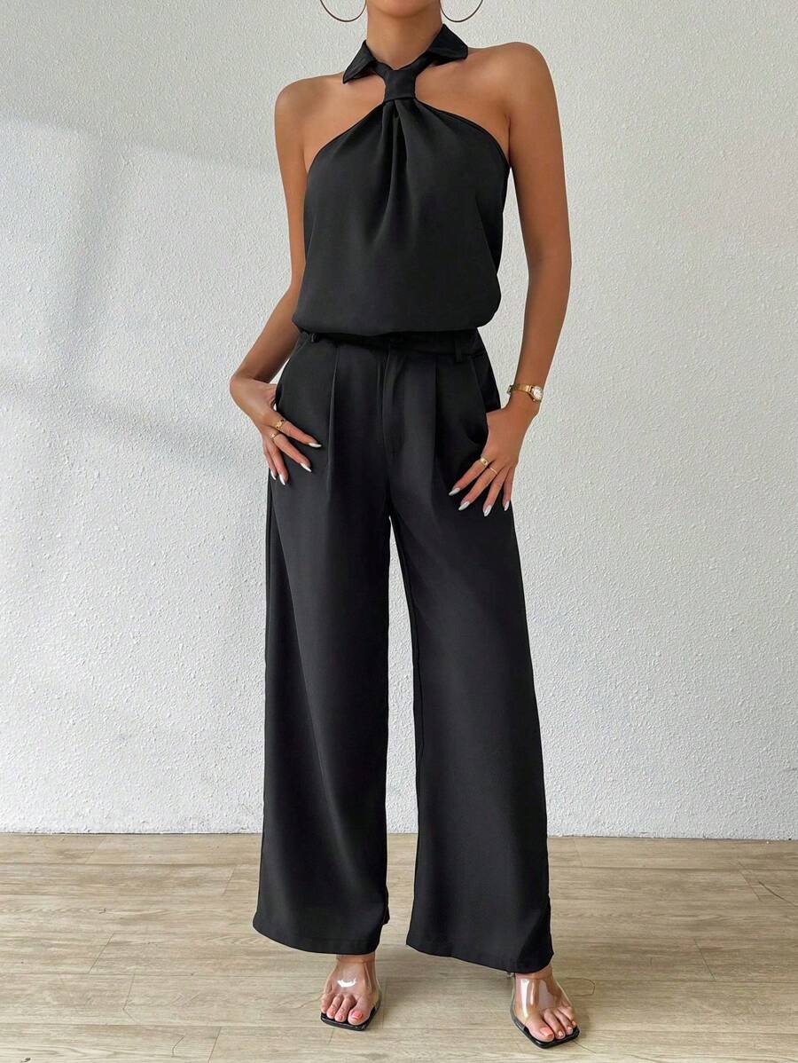 SHEIN LUNE Women's Solid Color Off-Shoulder Simple Daily Wear Top And Pants 2 Pieces Set