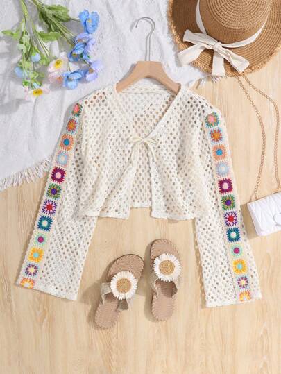 SHEIN Teen Girl Knitted Jacquard Hollow Out Crochet Trimmed Woven Belt Casual Cover Up