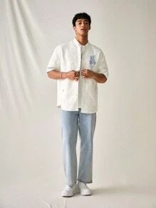 Manfinity VCAY 男式夏季短袖編織休閒襯衫，採用信件和龍繡花設計，立領款式 - 白色 - 查看 6