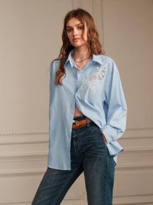 Anewsta Blue Striped Casual Casual Hollow Out Burnt-Out Embroidery Turn-Down Collar Long Sleeve Shirt