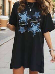 SHEIN EZwear 休閒簡約加大碼星星印花連衣裙，適用於夏季