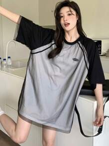 DAZY Women Loose Fit Patchwork Casual Spring/Summer T-Shirt Oversized T-Shirt - Black and White - View 2